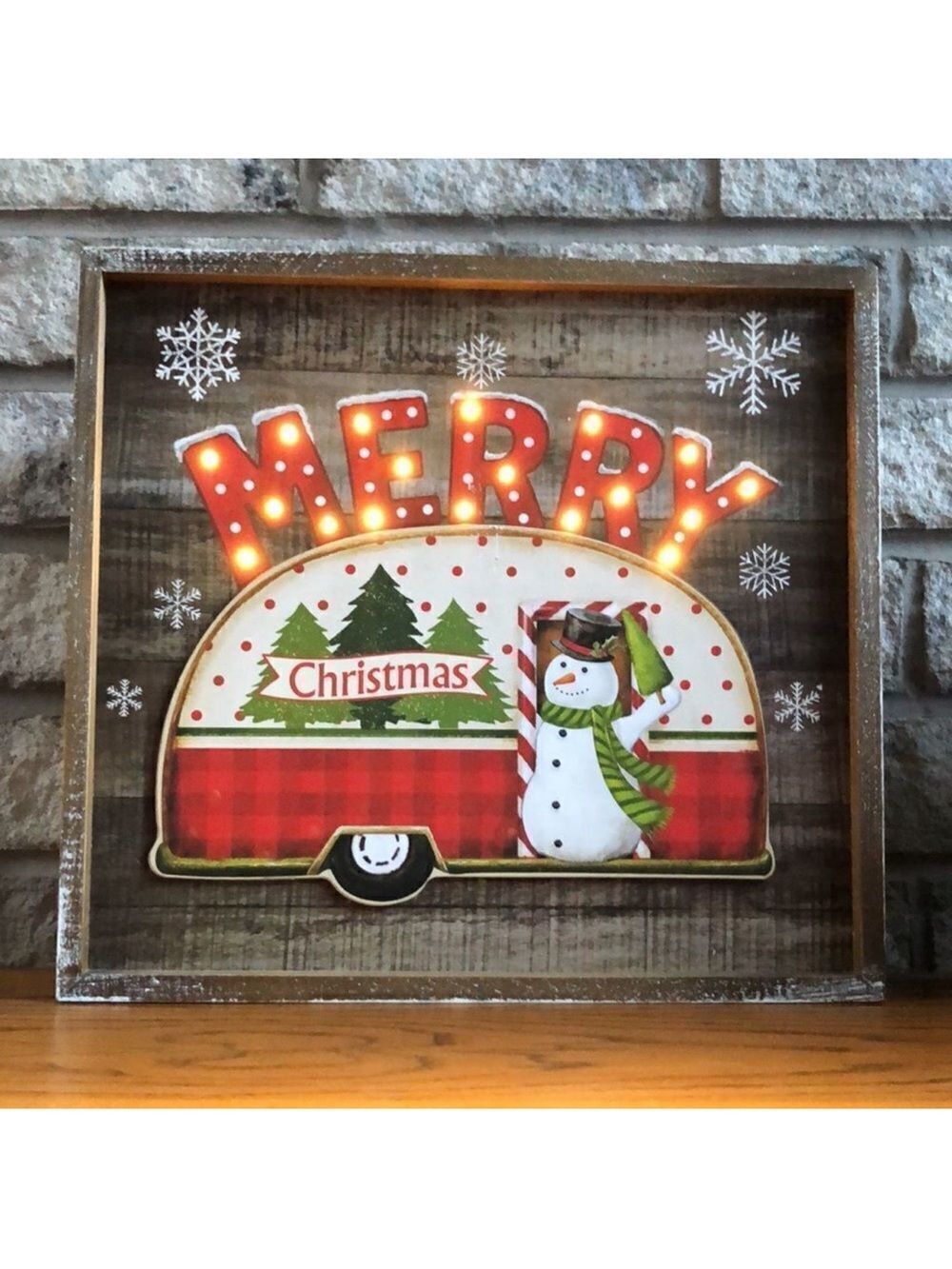 Shabby Chic Merry Christmas Camper Snowman Wooden Light up Picture